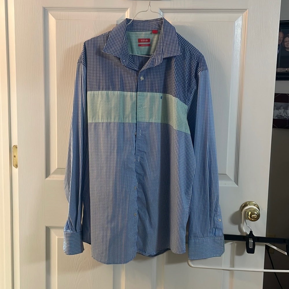 Izod- men’s long sleeve dress shirt, color blue, teal, white, size L